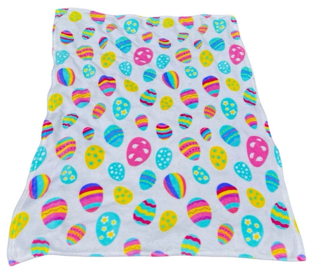 Festive Easter Egg Print Fleece Throw Blanket Vibrant Pastel & Polka Dot Eggs